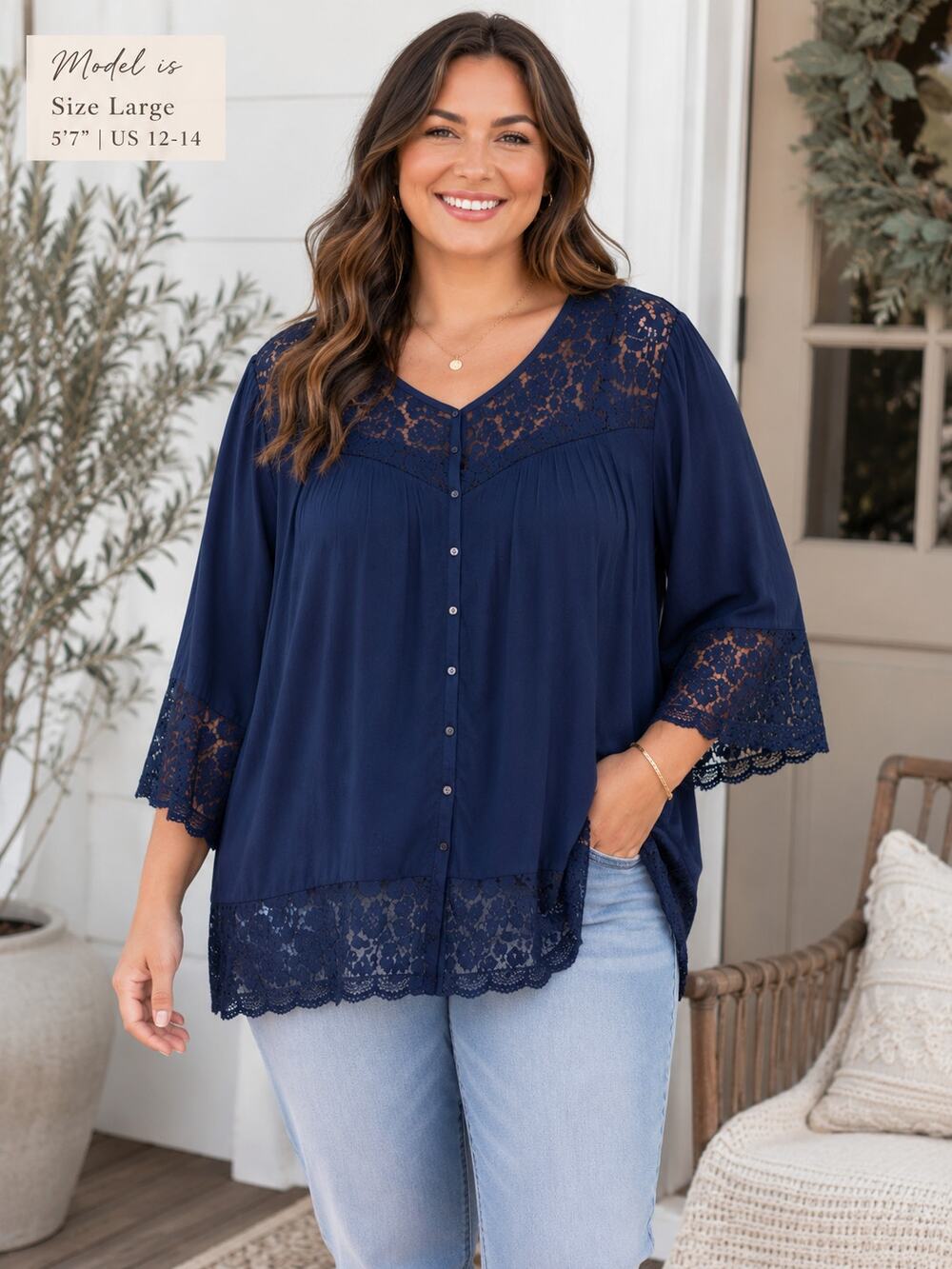 New Directions Navy Blue Lace Trim Peasant Blouse Large Boho Bell Sleeve